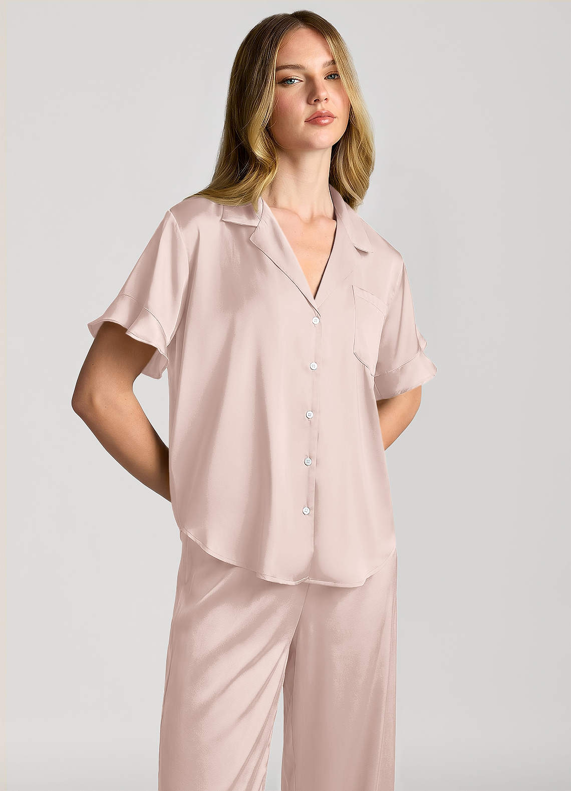 front Matching Color Ruffled Short Sleeve Long Pants Pajama Set