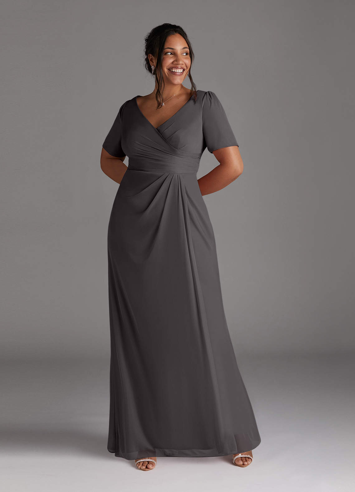 Azazie Bessie Kleider für die Brautmutter A-Linie Plissee Gittergewebe Kleid Stahlgrau image1
