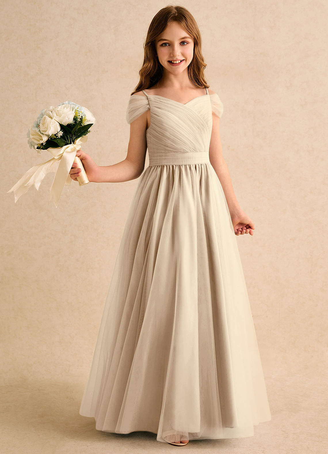 Azazie A-Line/Princess Off The Shoulder Floor-Length Tulle Girl Formal Dresses - champagne