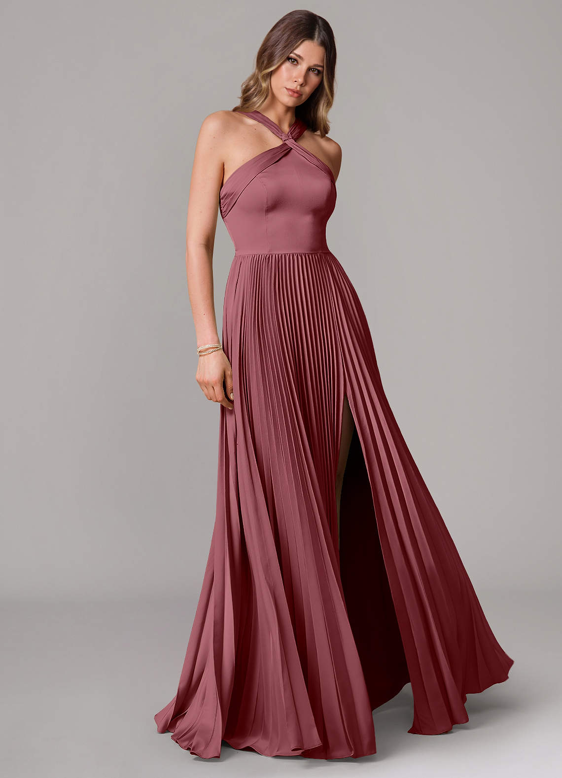 Azazie Afra Bridesmaid Dresses Desert Rose A-Line Pleated Stretch Satin Dress image1