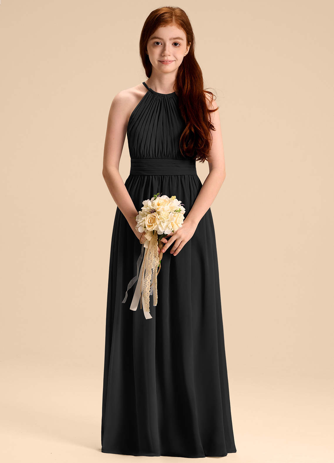 Azazie Malone Junior Black A-Line Pleated Chiffon Dress image1