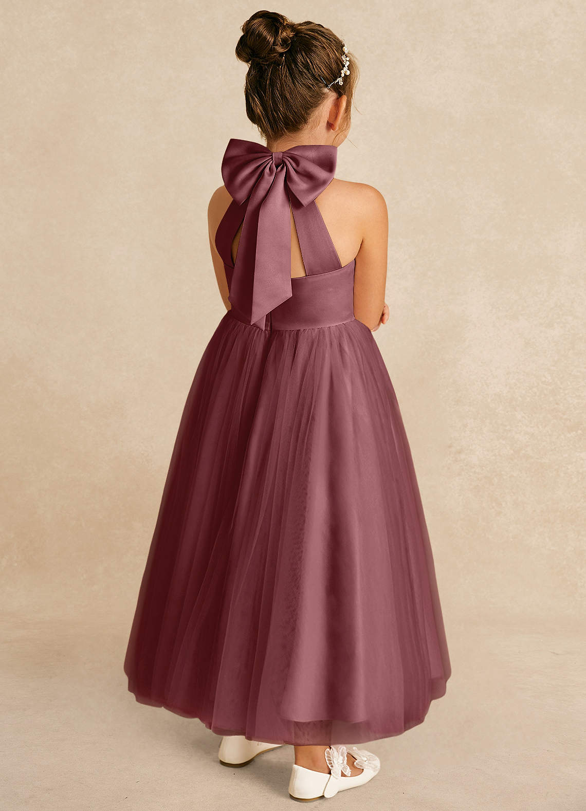 Azazie Bev Vestidos de florista Vestido Rosa Do Deserto de Tule de Linha A com Conversível image5