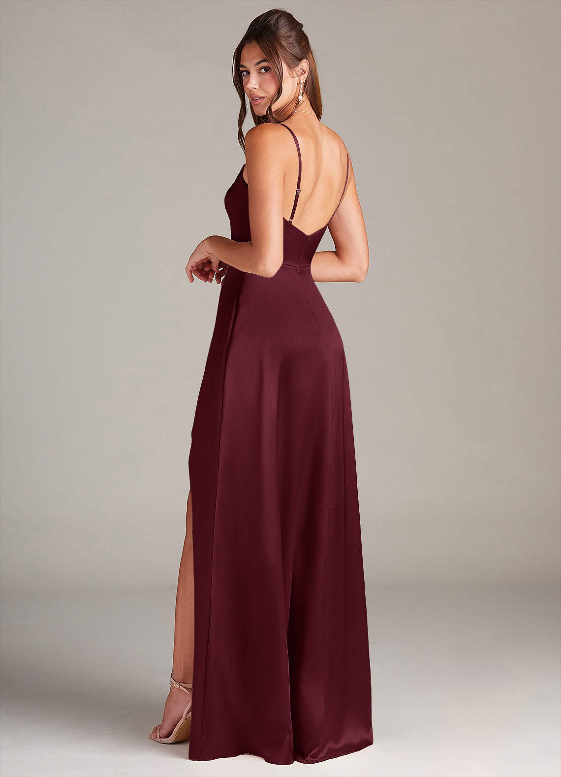 Azazie Sarella Bridesmaid Dresses Cabernet A-Line Pleated Stretch Satin Dress image3