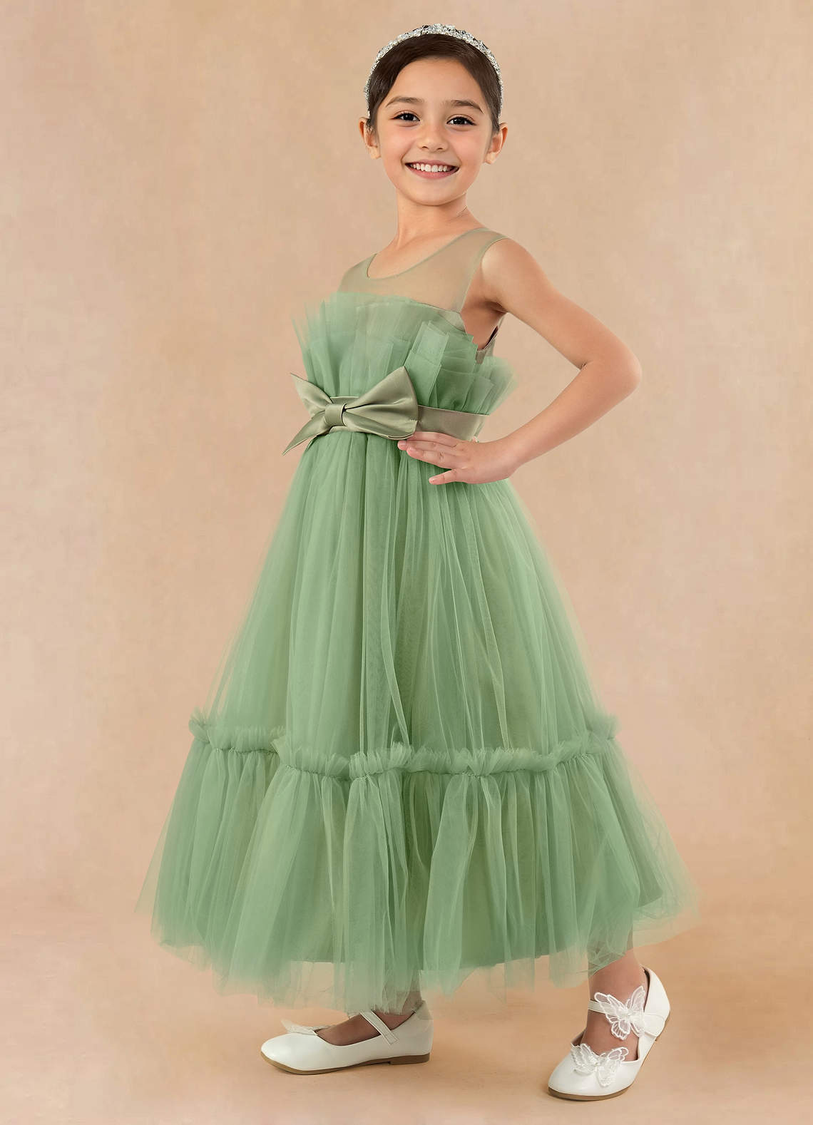 Matcha Azazie Ginny A-Line Ruched Tulle Ankle-Length Dress | Azazie