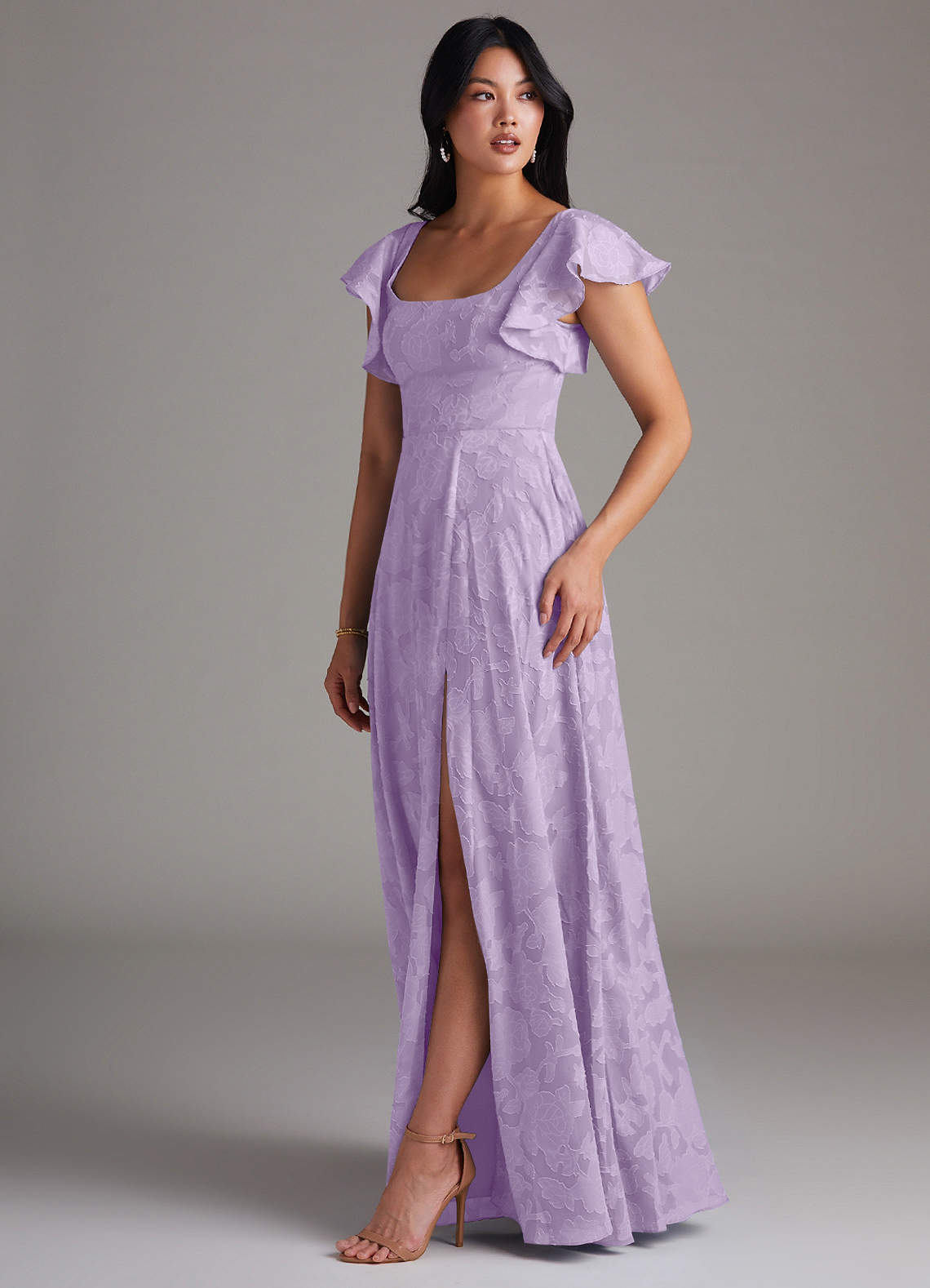 Azazie Bondi Bridesmaid Dresses Lilac A-Line Side Slit Floral Burnout Dress image1