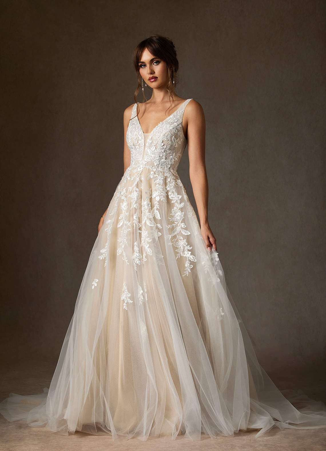 Azazie Sorella Wedding Dresses Diamond White Champagne A-Line V-Neck Sequins Tulle Dress image6