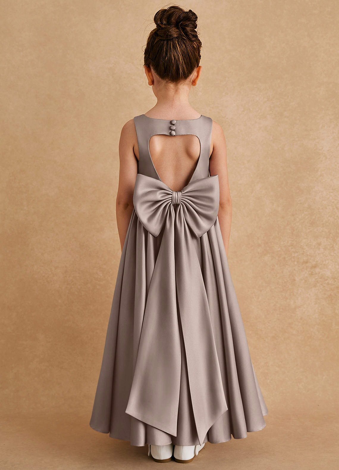 Azazie Bettie Flower Girl Dresses Taupe A-Line Bow Matte Satin Dress image1