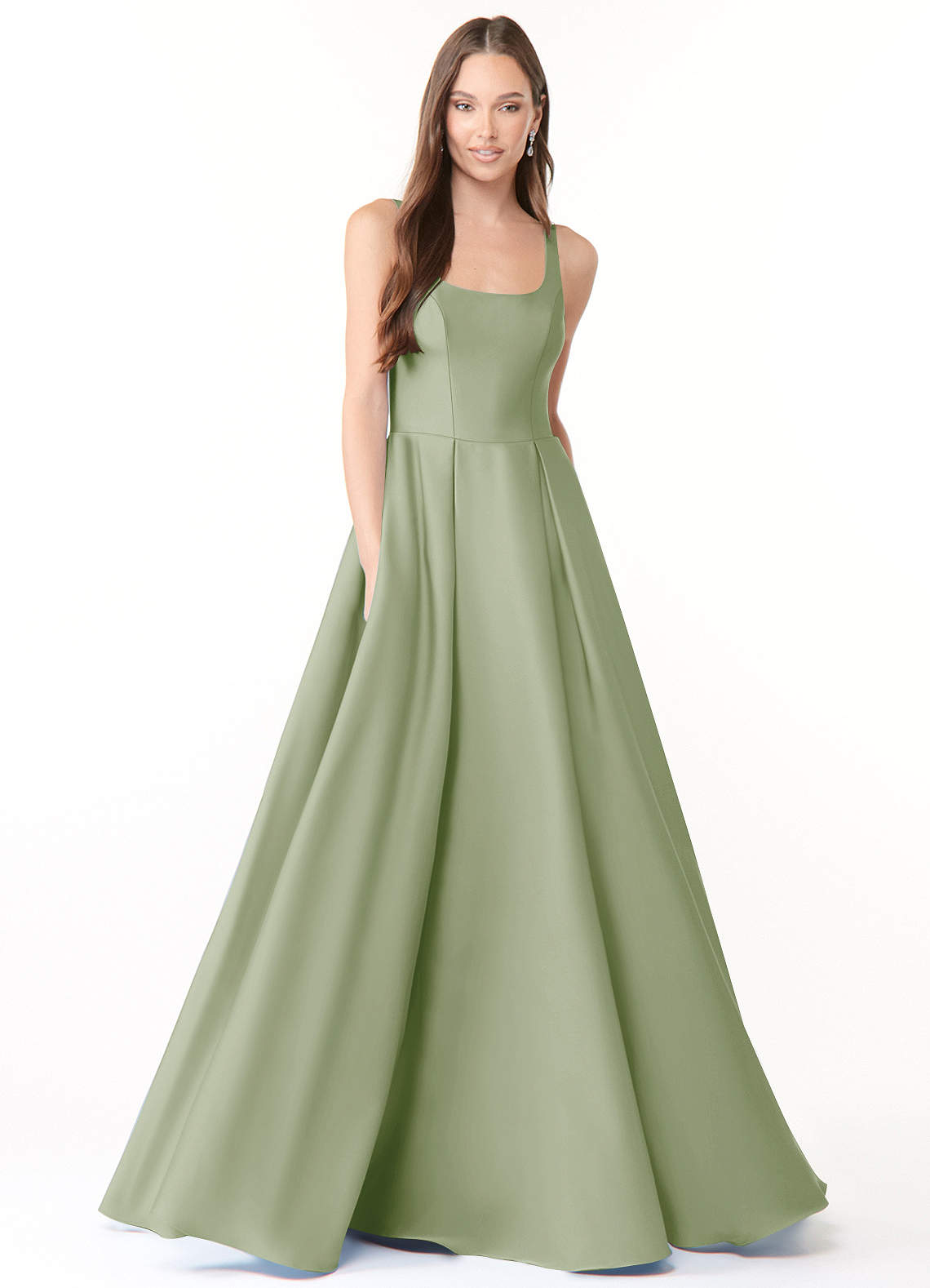 Azazie Neve Abiti da Damigella Abito Principessa in Raso Elasticizzato Con Tasche Verde Salvia image1