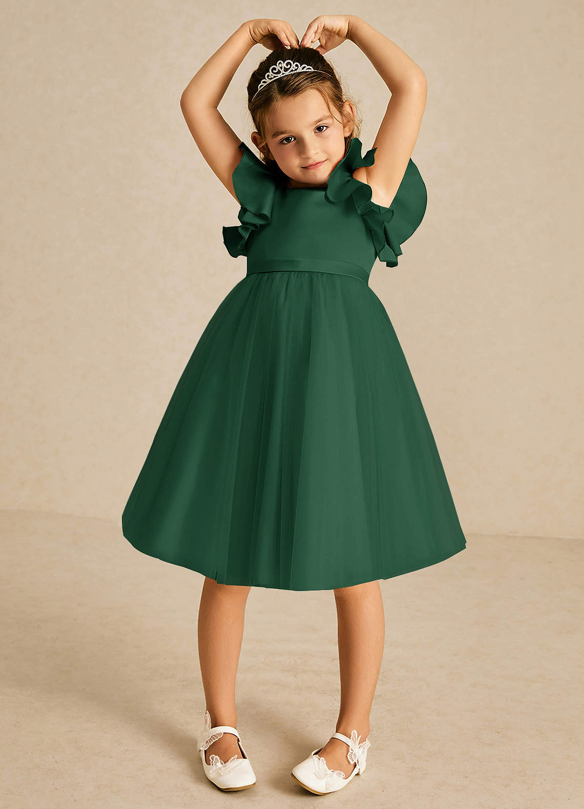 Azazie Kaeya Flower Girl Dresses Dark Green A-Line Bow Tulle Dress image2