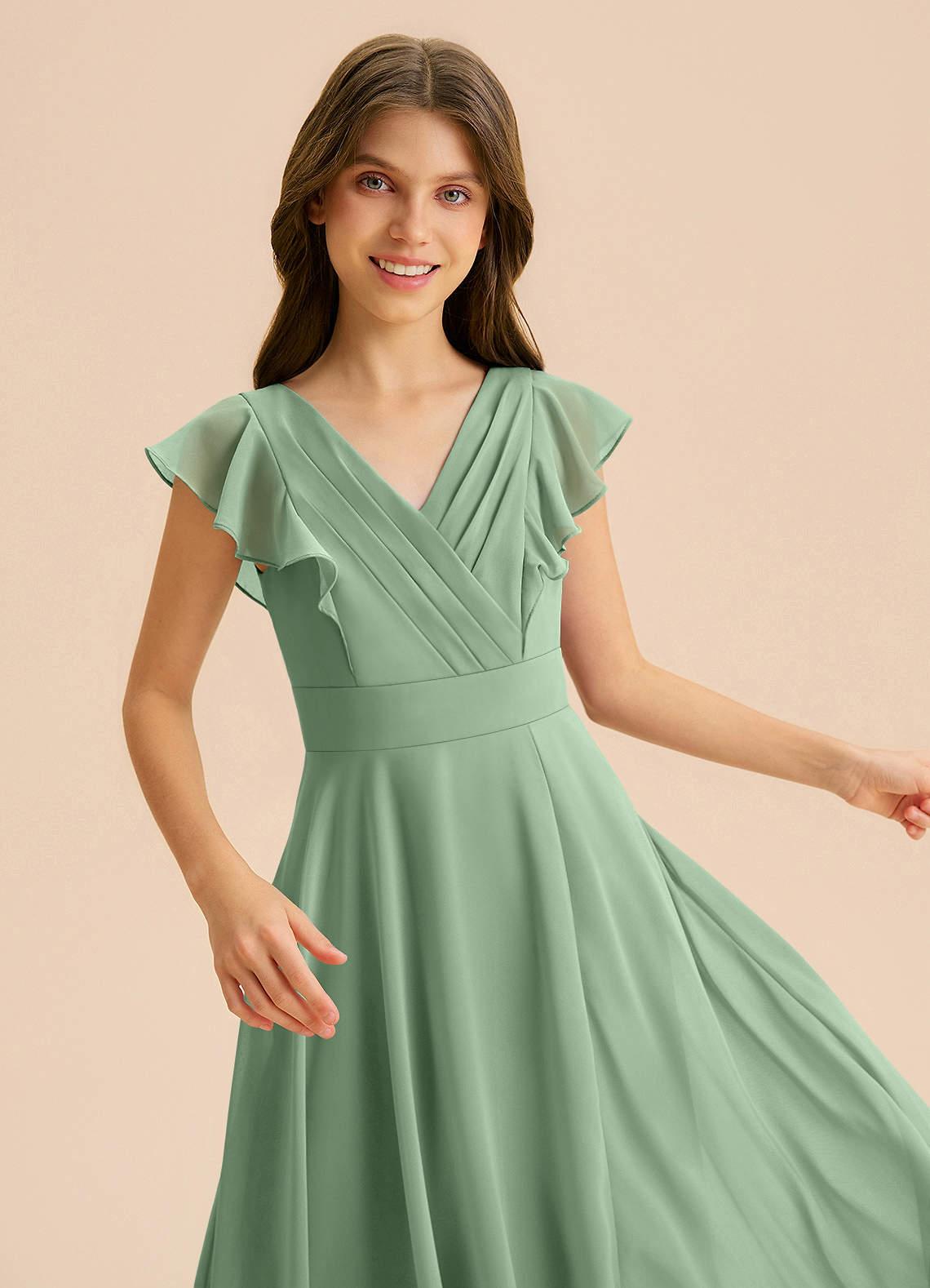 Azazie Anysa Junior Robe Trapèze en Mousseline de soie Rayé Matcha image6