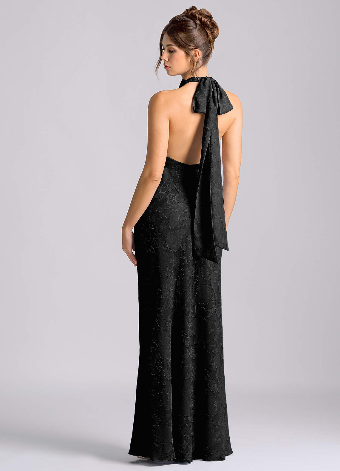 Azazie Velli Vestidos de damas de honor Vestido de Negro de Devorado Floral de Corte Sirena con Cuello Alto image1