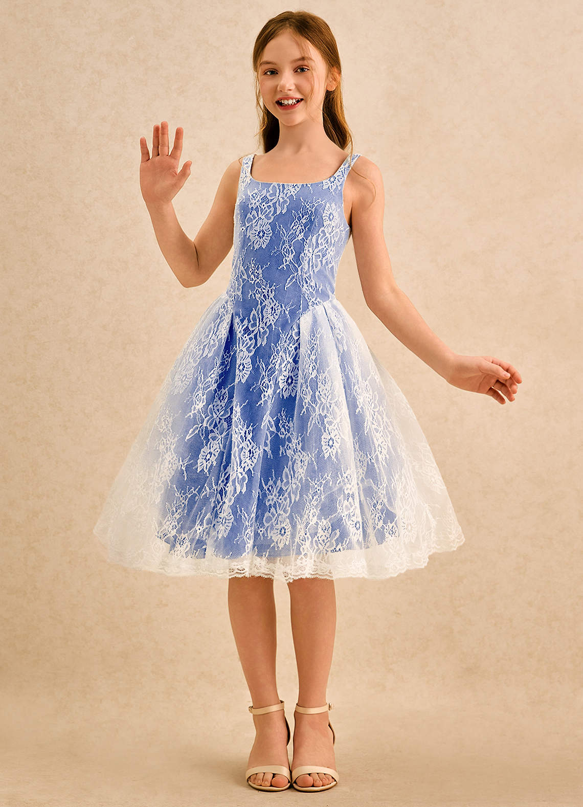 Azazie Cubbie Girls Formal Robe Demoiselle D'honneur Fillette Robe Trapèze en Dentelle Bleu Roi image4