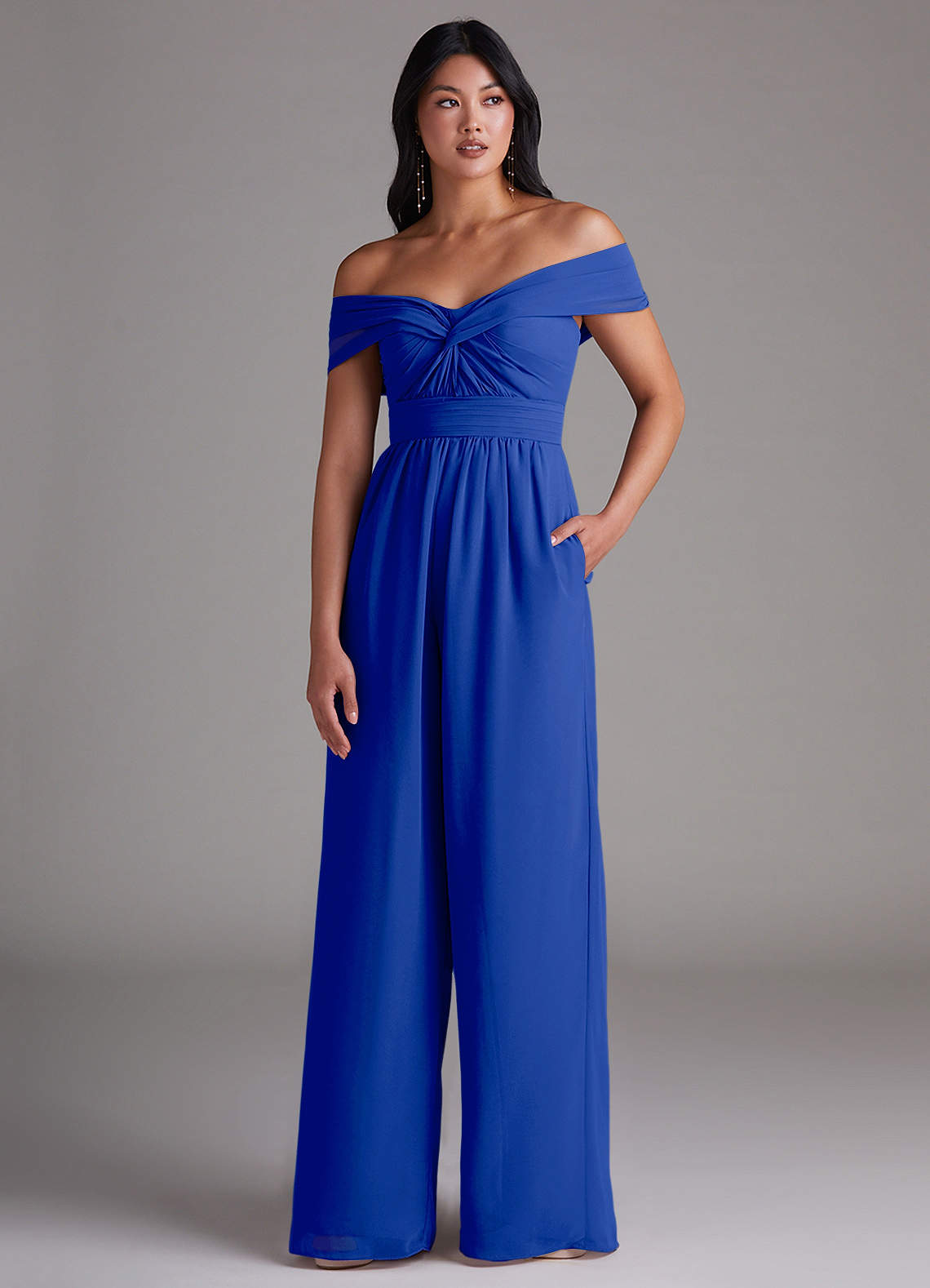 Azazie Lamara Bridesmaid Dresses Royal Blue Off the Shoulder Chiffon Convertible Jumpsuit image1