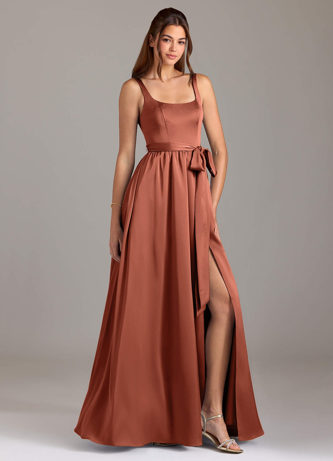 Azazie Elliott Bridesmaid Dresses Clay A-Line with Pockets Stretch Satin Dress image1