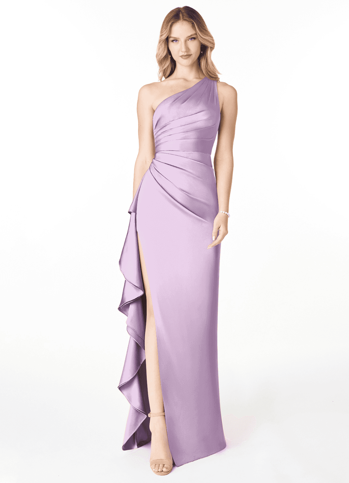 Azazie Latrice Bridesmaid Dresses Frosted Lilac Sheath One Shoulder Cascading Ruffles Stretch Satin Dress image1