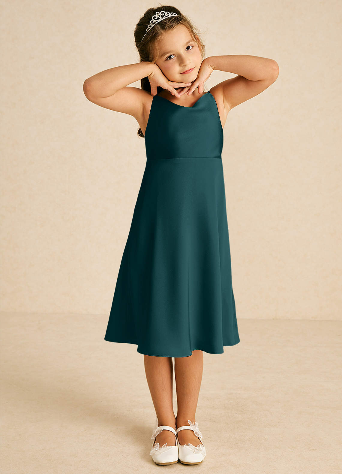 Azazie Zuzu Flower Girl Dresses Pine A-Line Spaghetti Strap Stretch Satin Dress image1