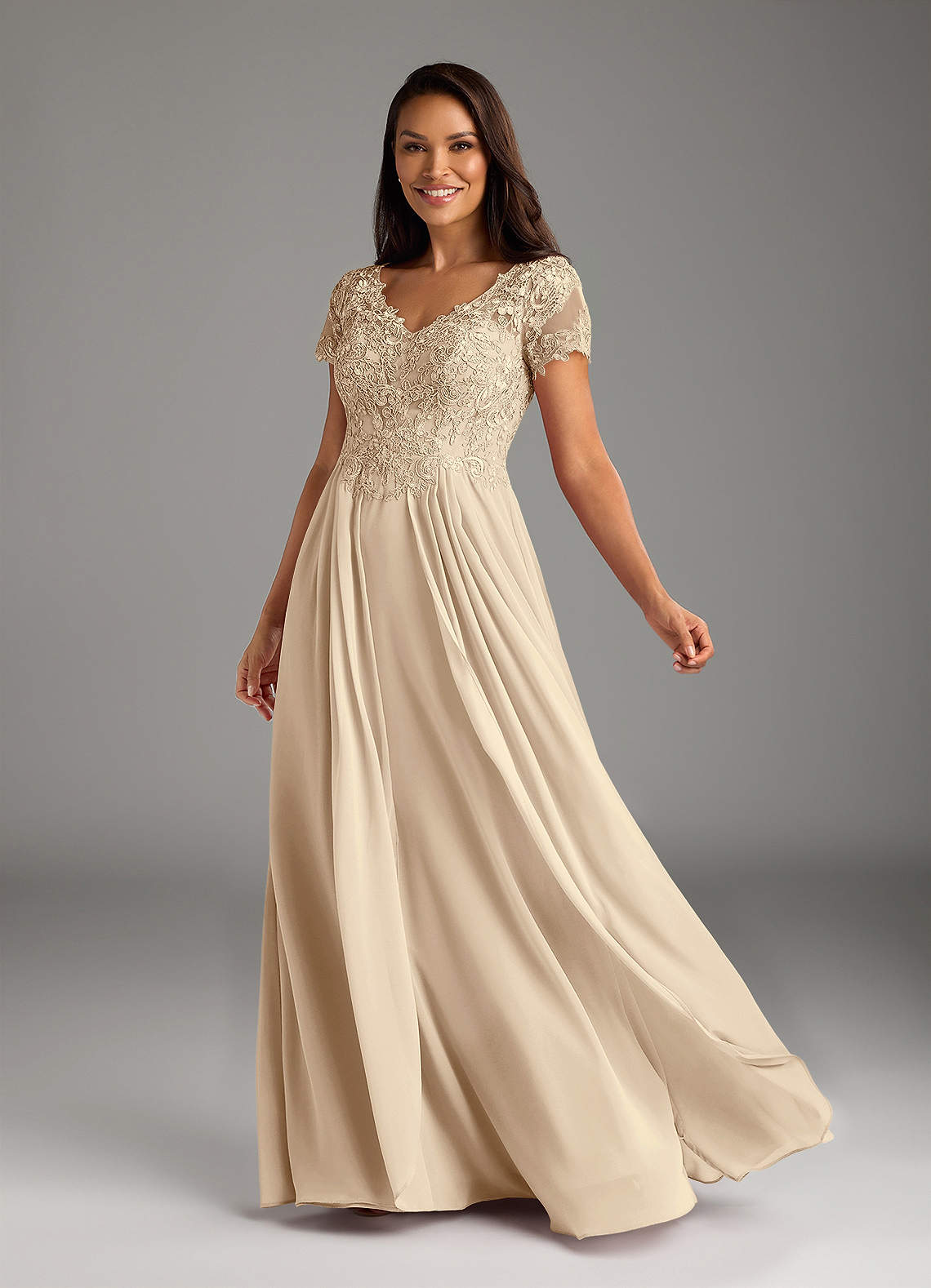 Azazie Dunja Champagne A-Line V-Neck Lace Chiffon Dress Ready to