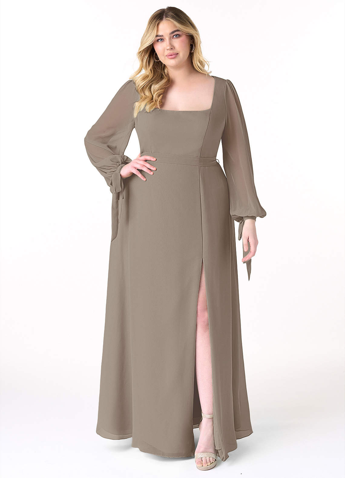 Azazie Leonia Bridesmaid Dresses Taupe A-Line Long Sleeve Chiffon Dress image1