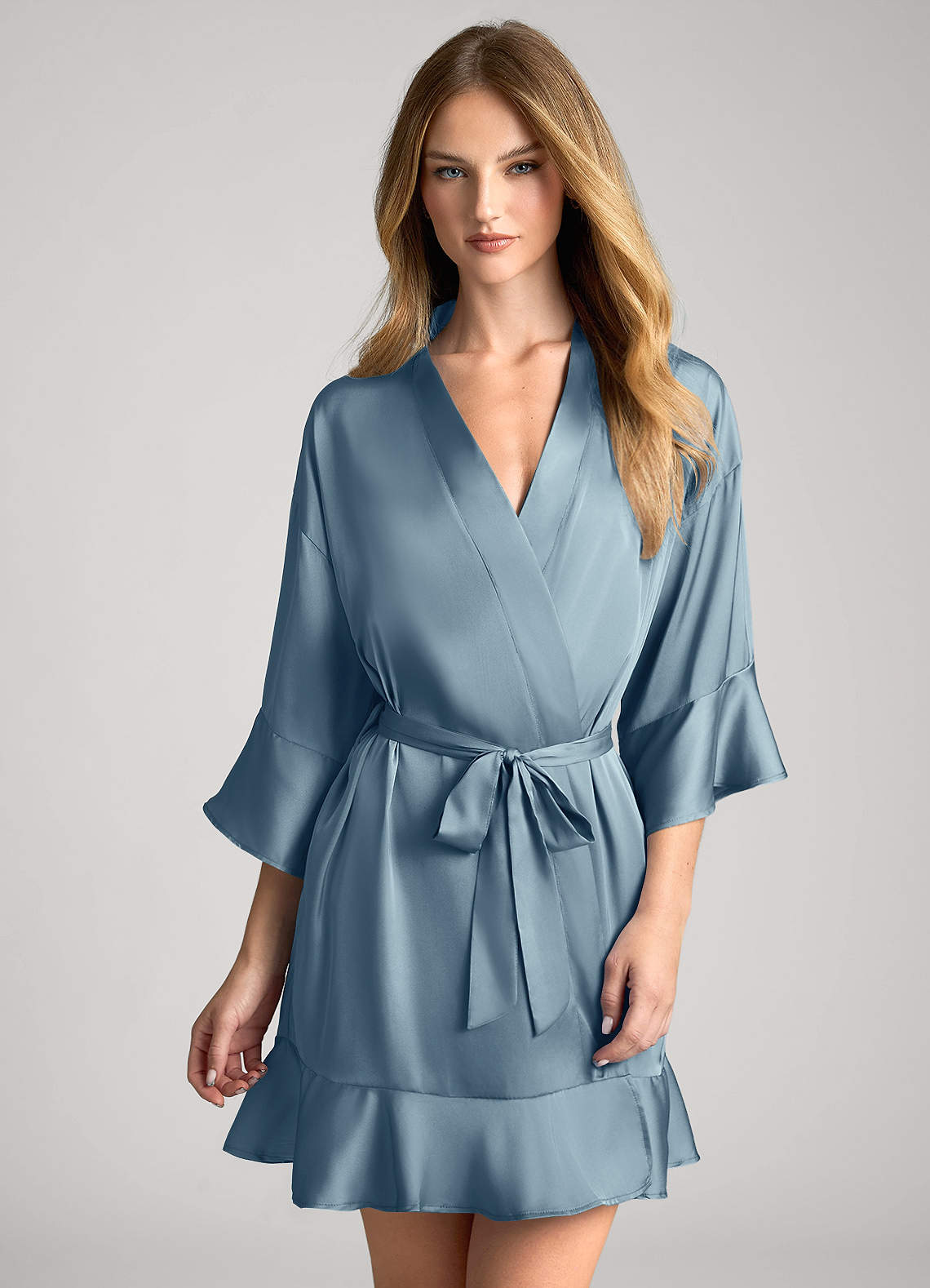 Dusty Blue Ruffled Satin Robe Robes | Azazie CA