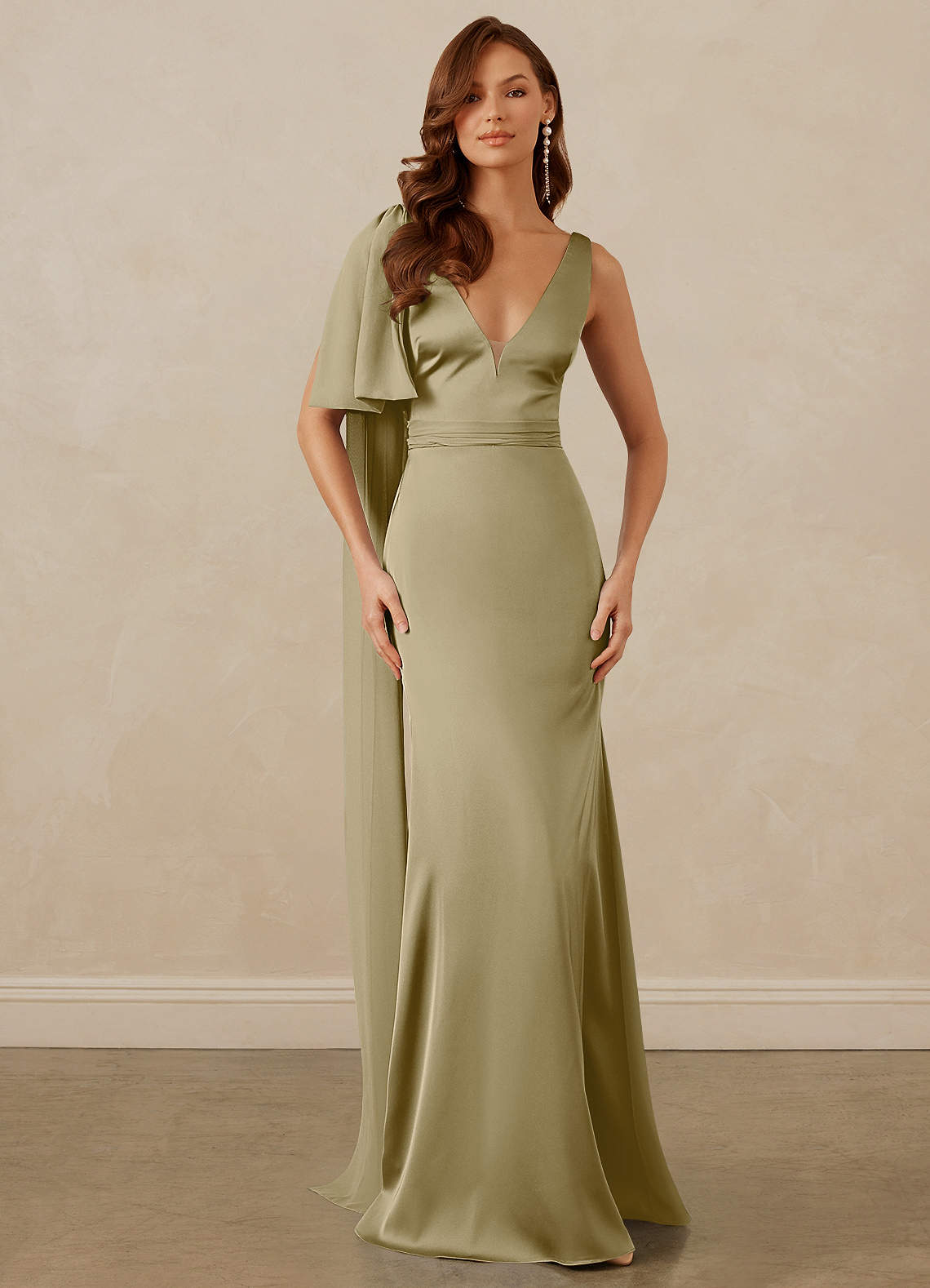 Christian Siriano Bridal for Azazie 1011 Bridesmaid Dresses Moss Green Mermaid Bow Stretch Satin Dress image1