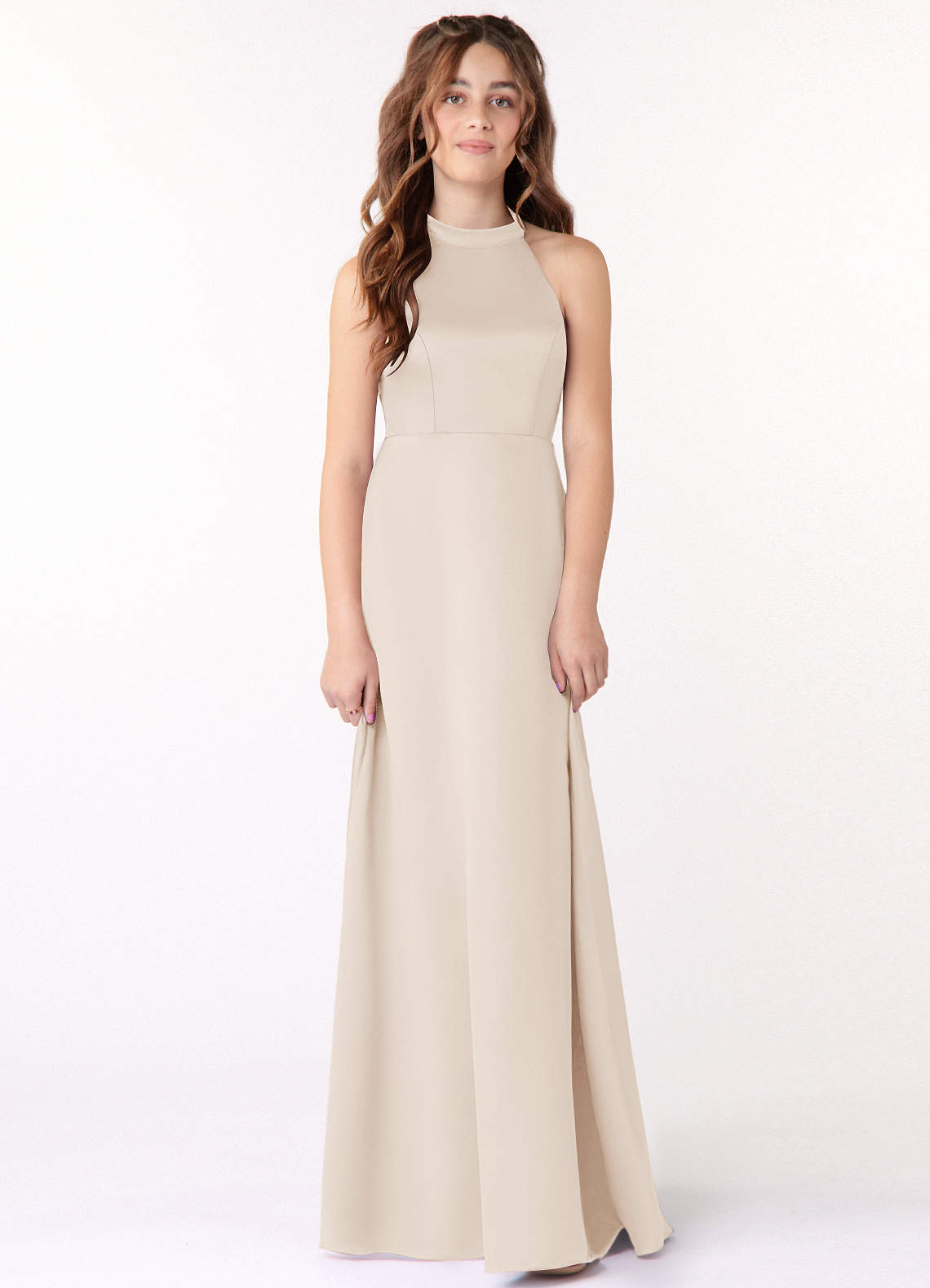 Azazie Laurel Junior A-Linie Stretch-Satin Kleid Alabaster Weiß image1