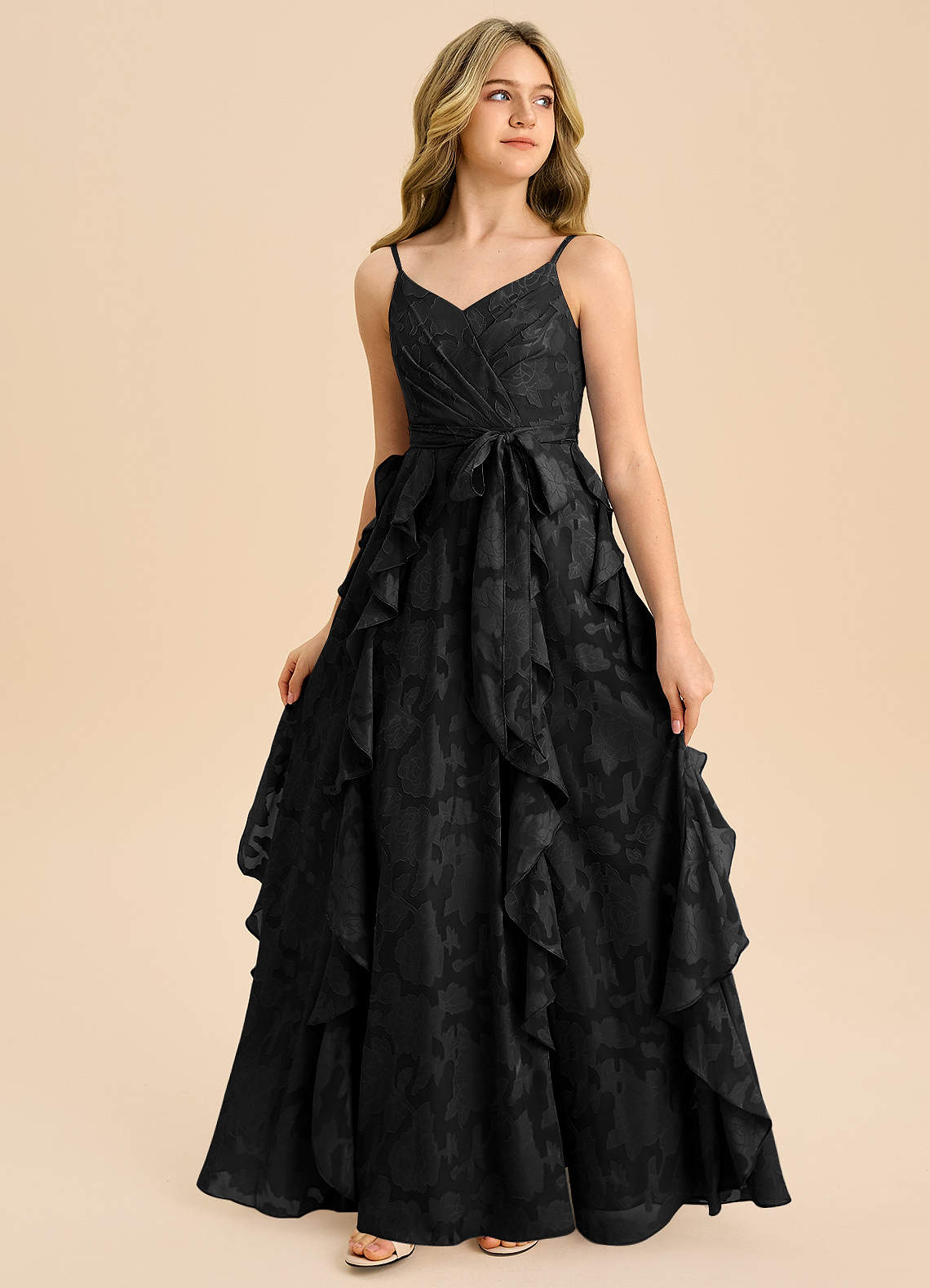 Azazie Peyton Junior Black A-Line Pleated Floral Burnout Dress image3