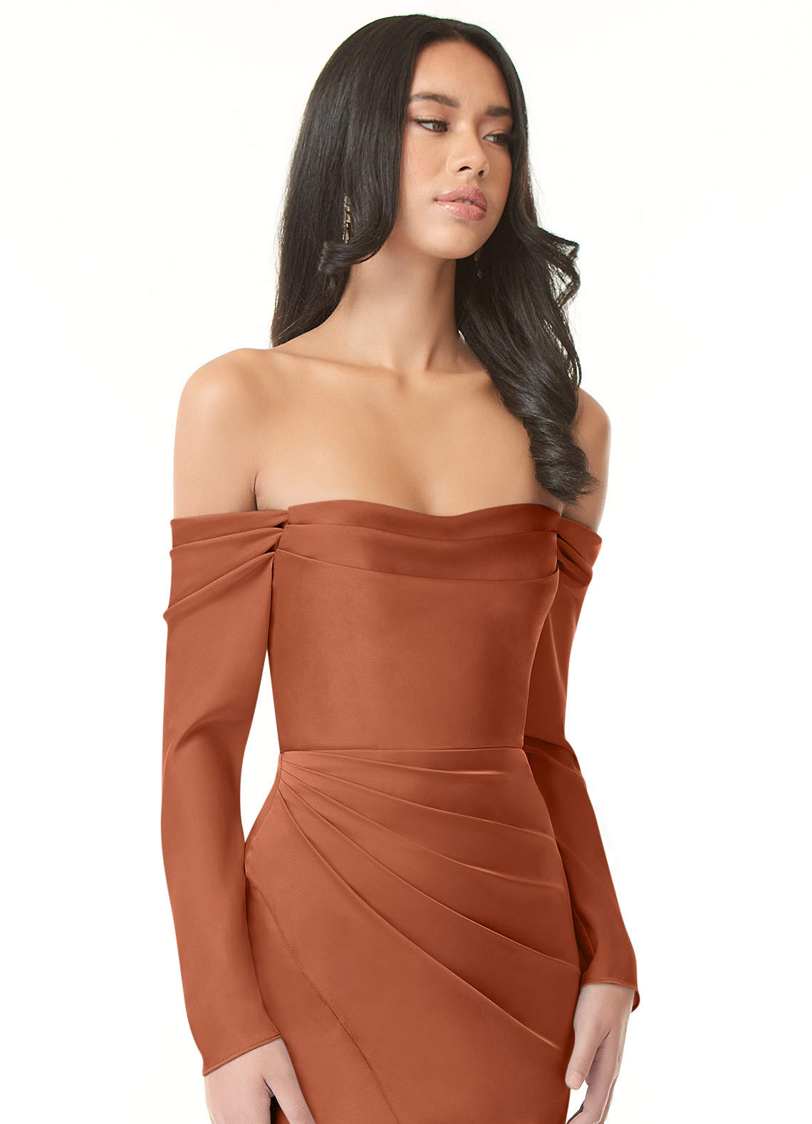 Azazie Hallie Bridesmaid Dresses Cedar Rose Sheath Off-The-Shoulder Long Sleeve Stretch Satin Convertible Dress image1