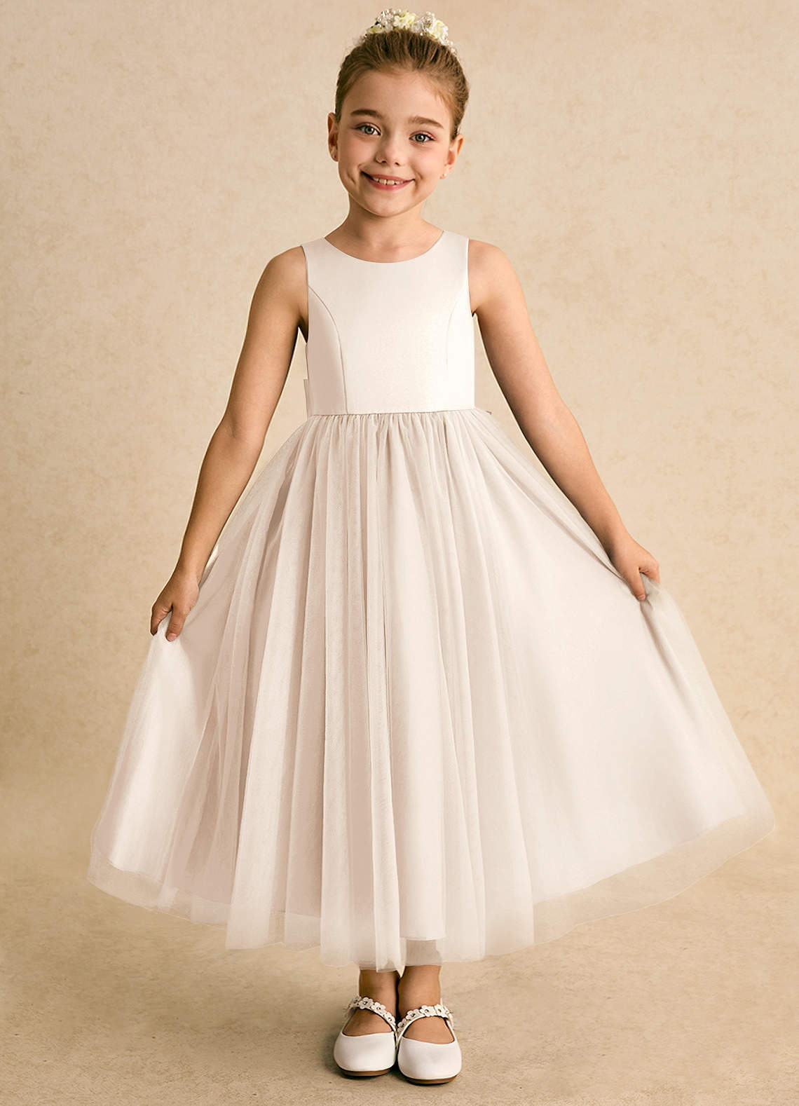 Azazie Solia Flower Girl Dresses White Alabaster Ball-Gown Bow Tulle Dress image1