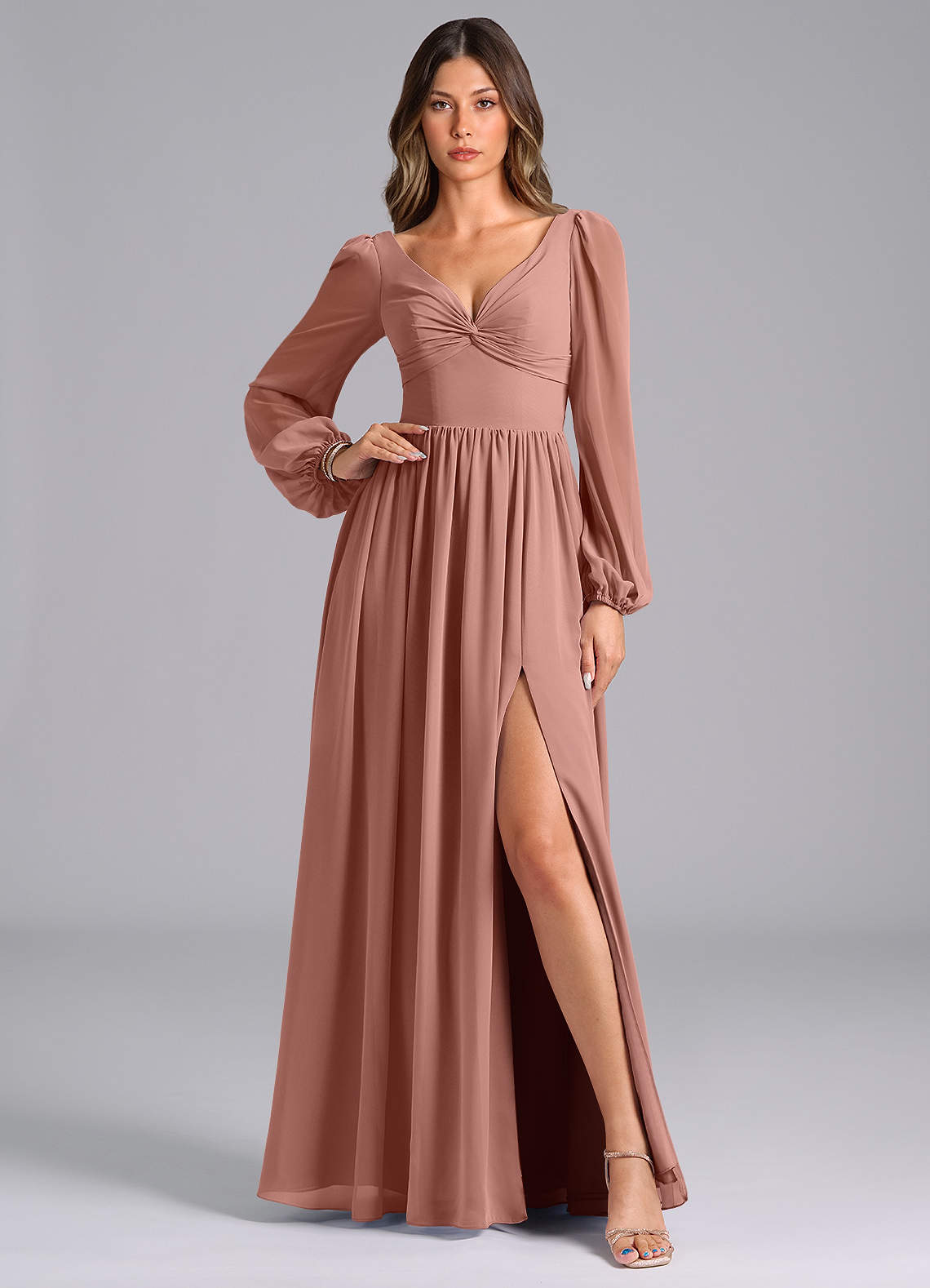 Azazie Zeya Bridesmaid Dresses Cedar Rose A-Line Long Sleeve Chiffon Dress image1