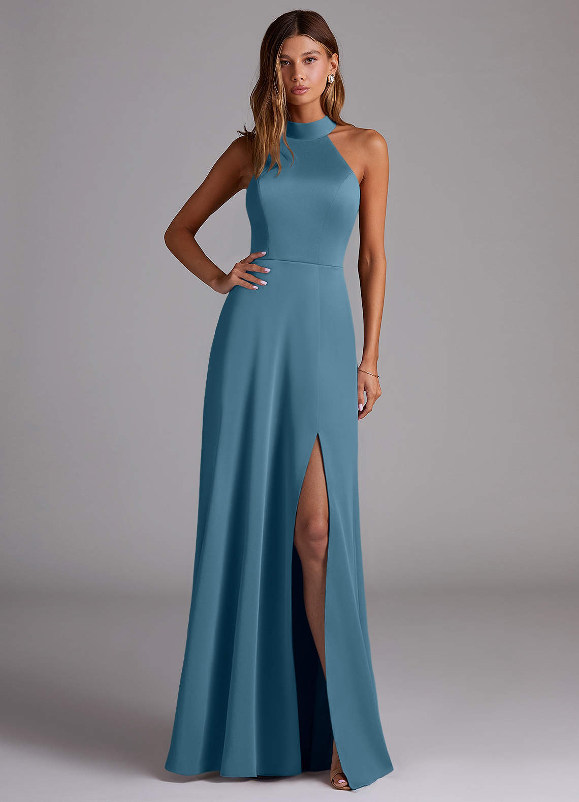 Azazie Myra Bridesmaid Dresses Bermuda A-Line Side Slit Stretch Satin Dress image1
