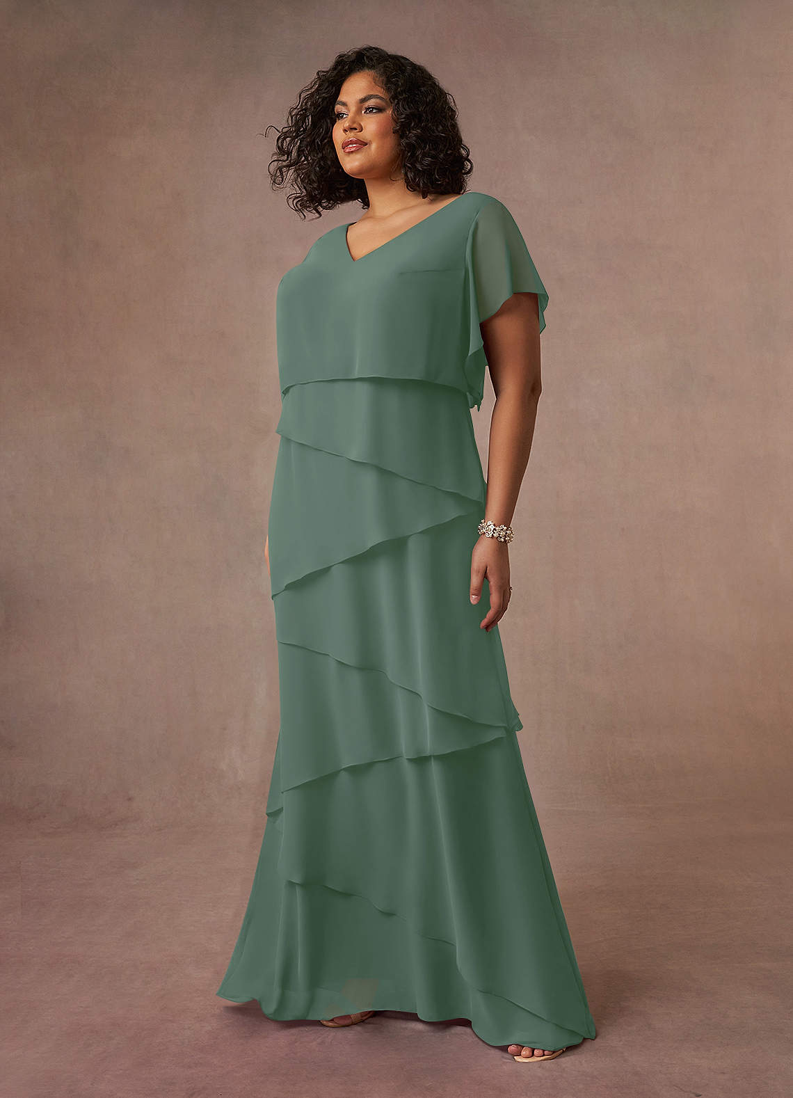 Azazie OHara Mère de la mariée Robes Robe Trapèze en Mousseline de soie Col V Eucalyptus image3