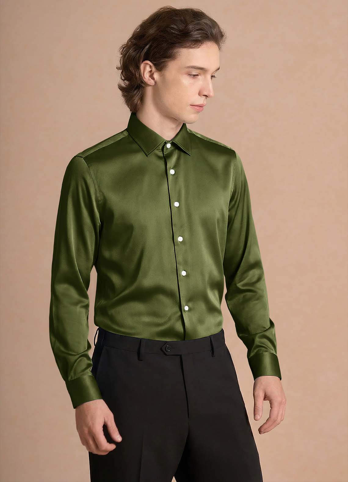 front Julian Olive Chemise habillée en satin stretch