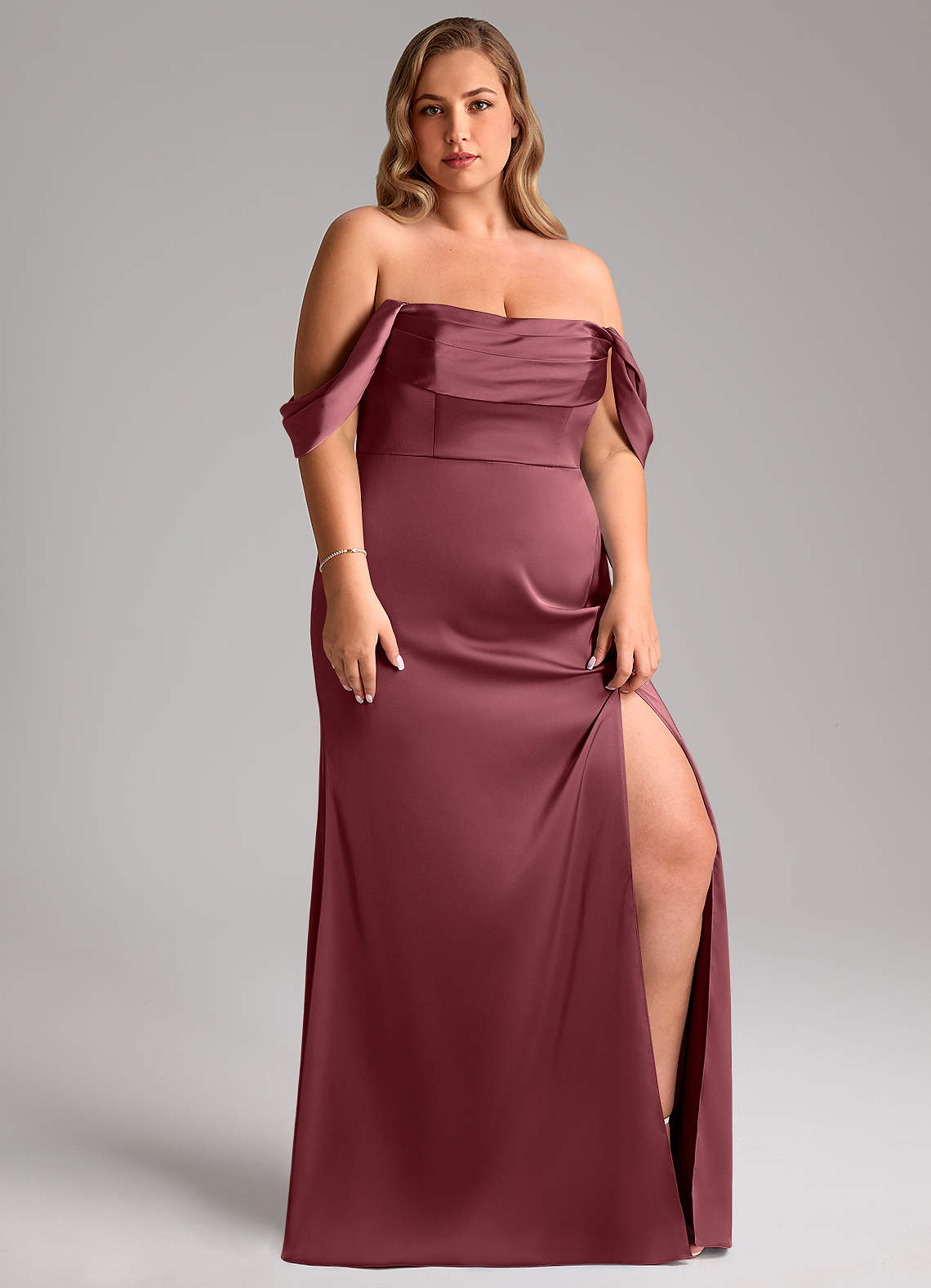 Azazie Saige Bridesmaid Dresses Desert Rose Sheath Off the Shoulder Stretch Satin Dress image13