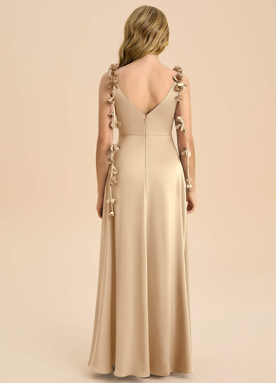 Azazie Gumdrop Junior Champagne Empire Pleated Stretch Satin Dress image6