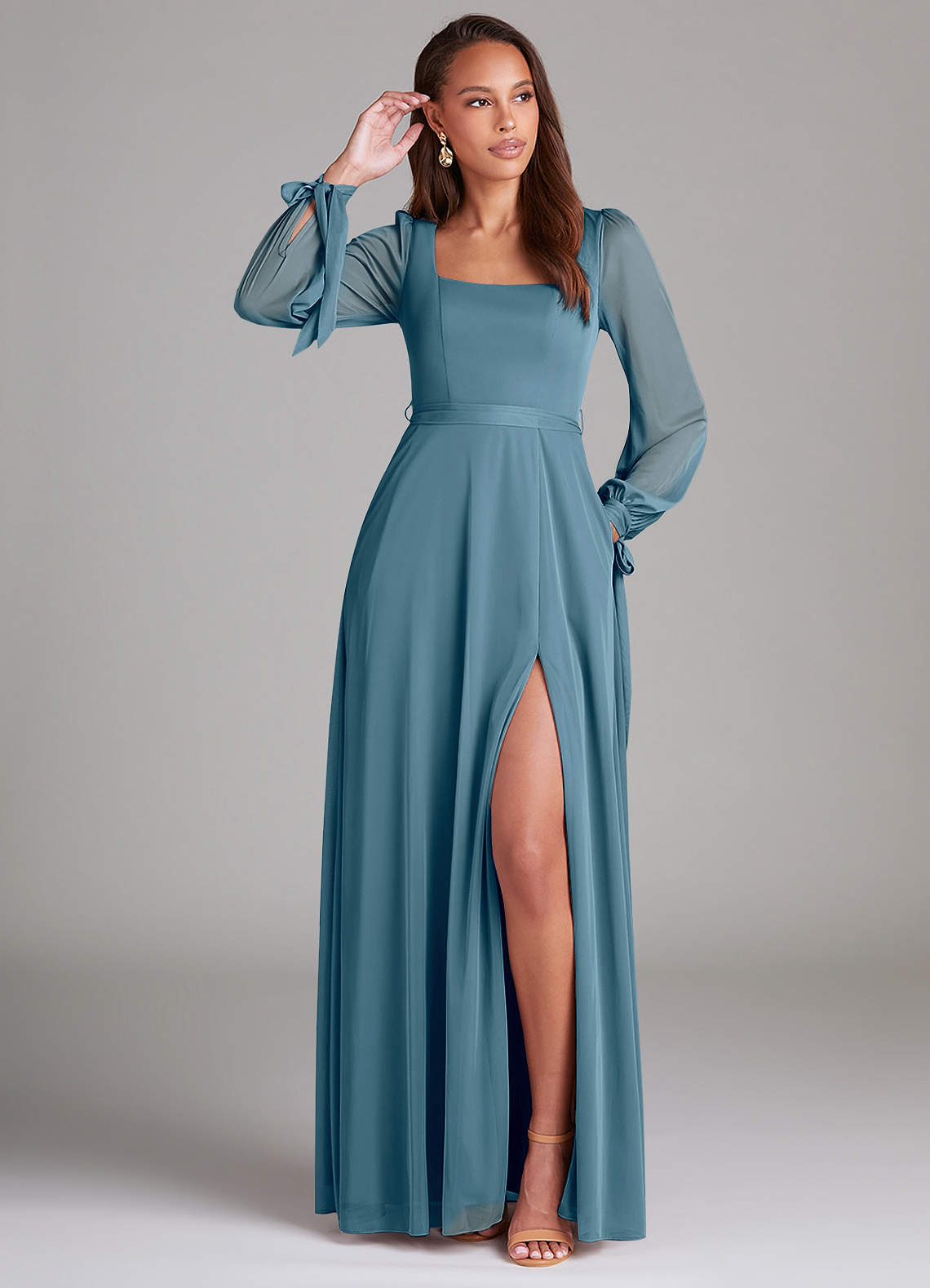 Azazie Leonia Bridesmaid Dresses Bermuda A-Line Long Sleeve Mesh Dress image1