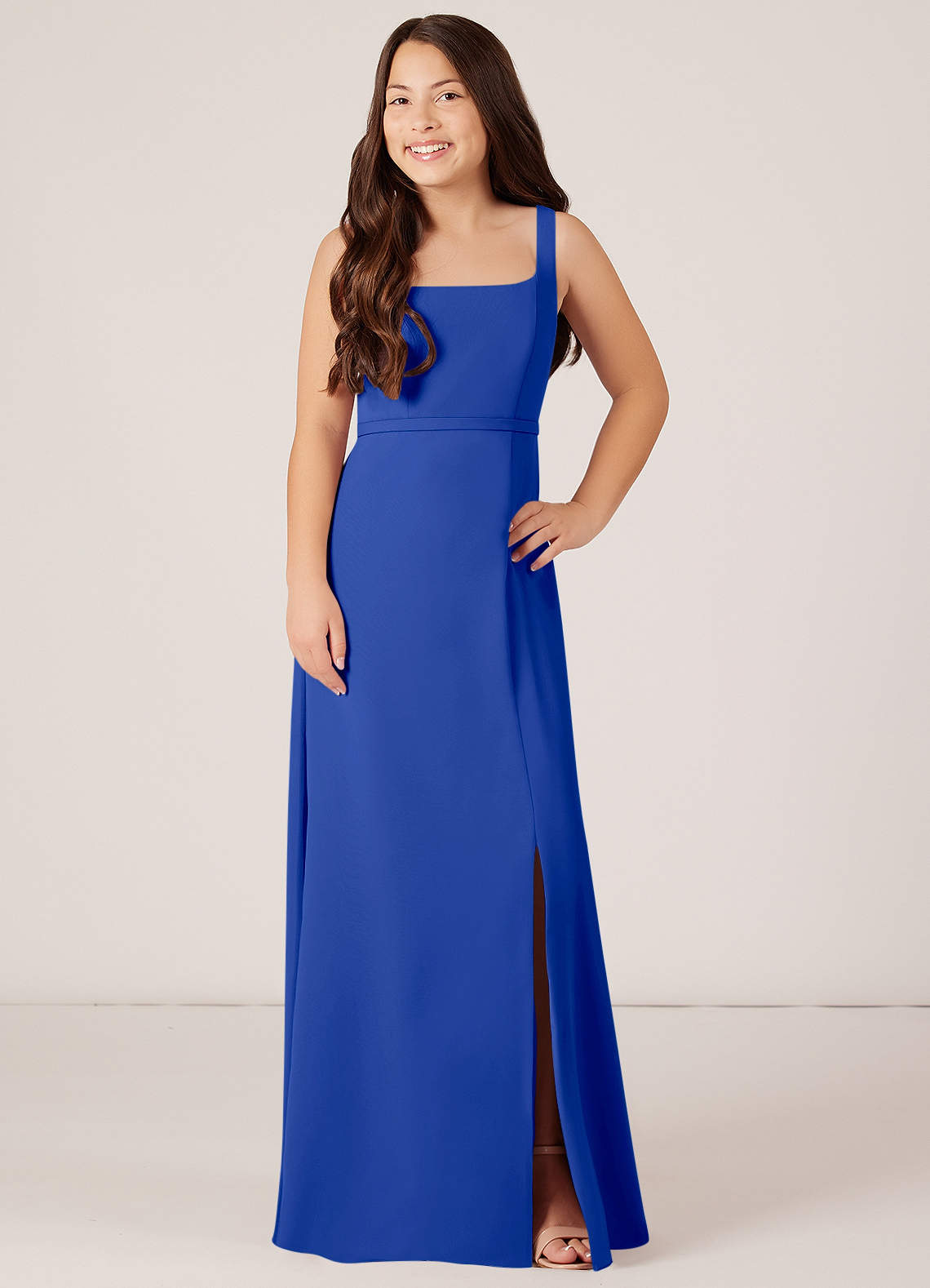 Azazie Renee Junior Robe Trapèze en Mousseline de soie Fente Latérale Bleu Roi image1