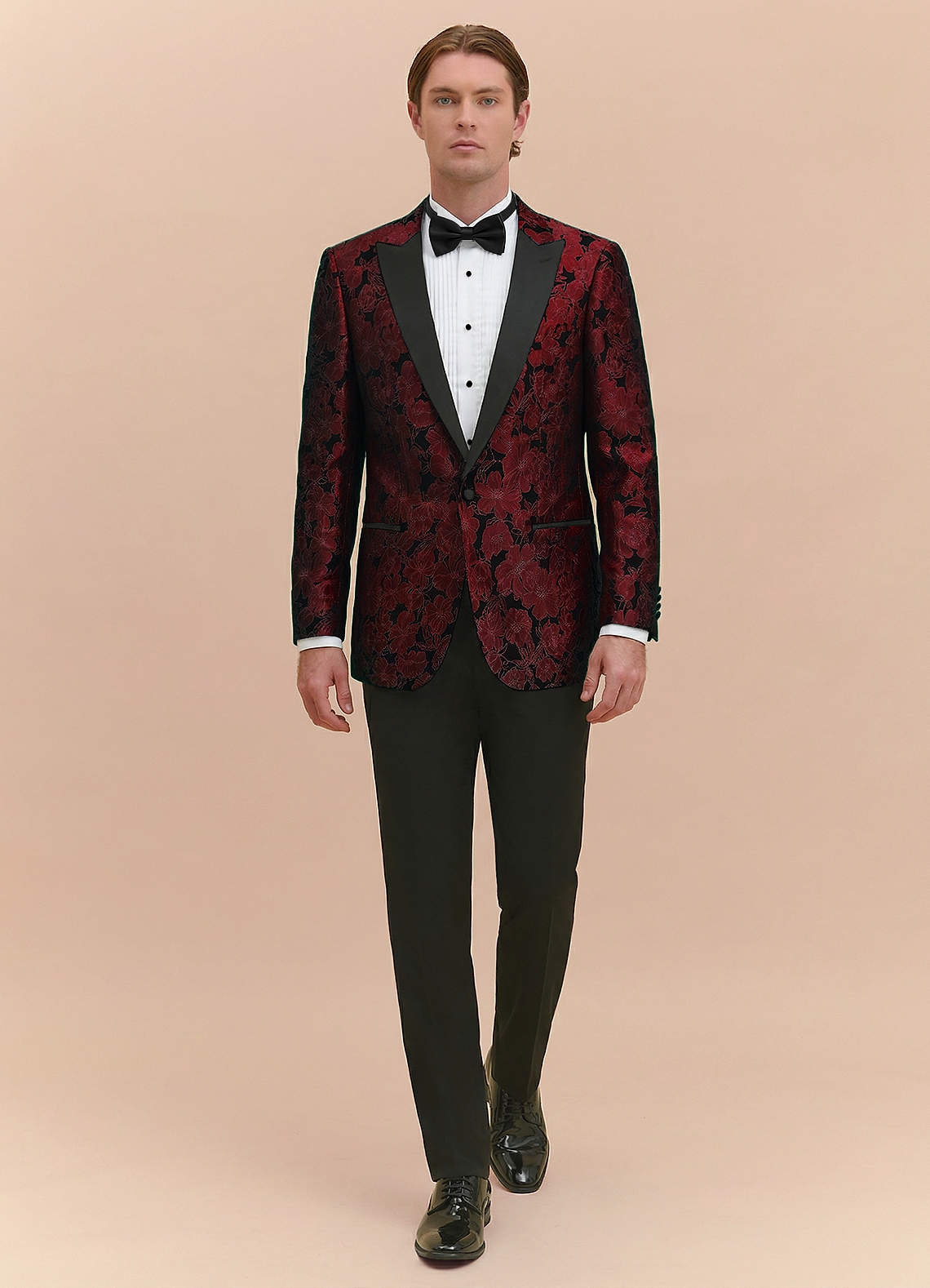 front Samuel 버건디 플로럴 자카드 피크 라펠 턱시도 재킷