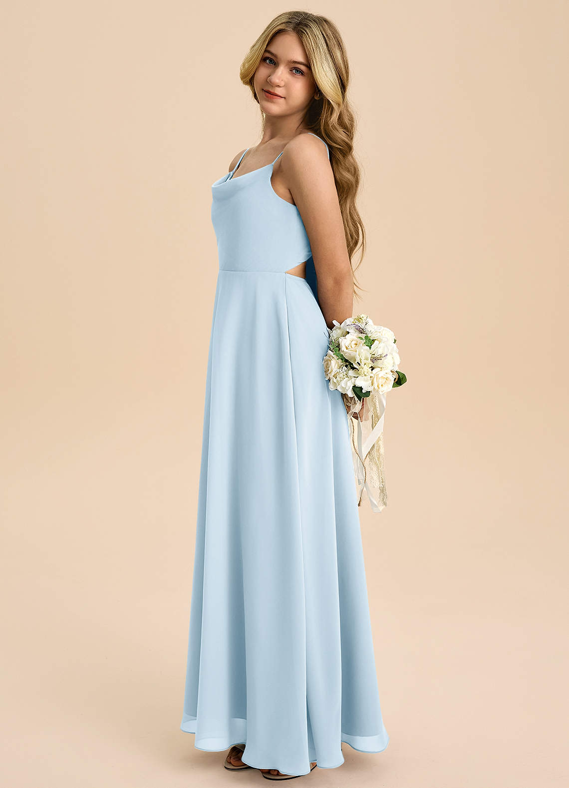 Azazie Shale Junior Sky Blue A-Line Bow Chiffon Dress image1