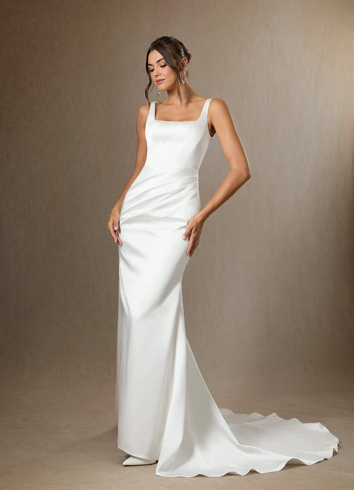 Azazie Wynona Bröllopsklänningar Klä av Sjöjungfru i Dubbelsidig satin Fyrkantig halsringning Diamantvit image4