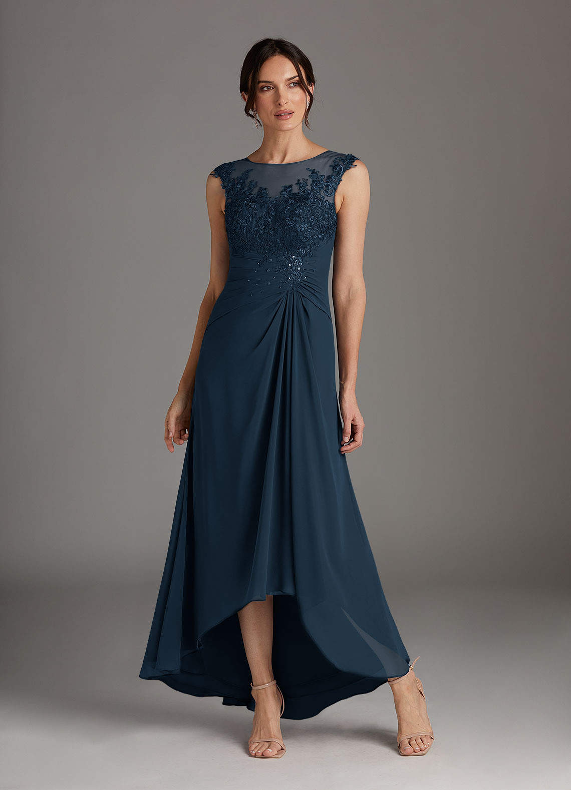 Azazie Endora Dark Navy A-Line Scoop Lace Chiffon Dress Ready to
