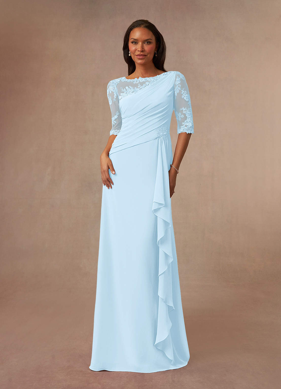 Azazie Dionysus Mother of the Bride Dresses Sky Blue A-Line Boatneck Lace Chiffon Dress image1