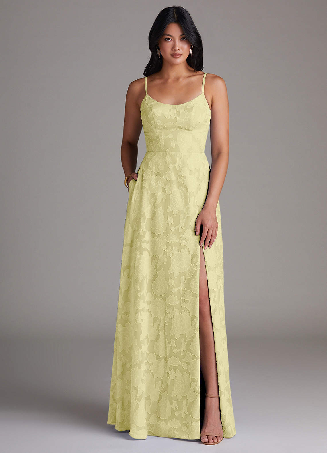 Azazie Moira Brautjungfernkleider A-Linie Seitliche Cut-Outs Blumen-Burnout Kleid Zitronensorbet image1