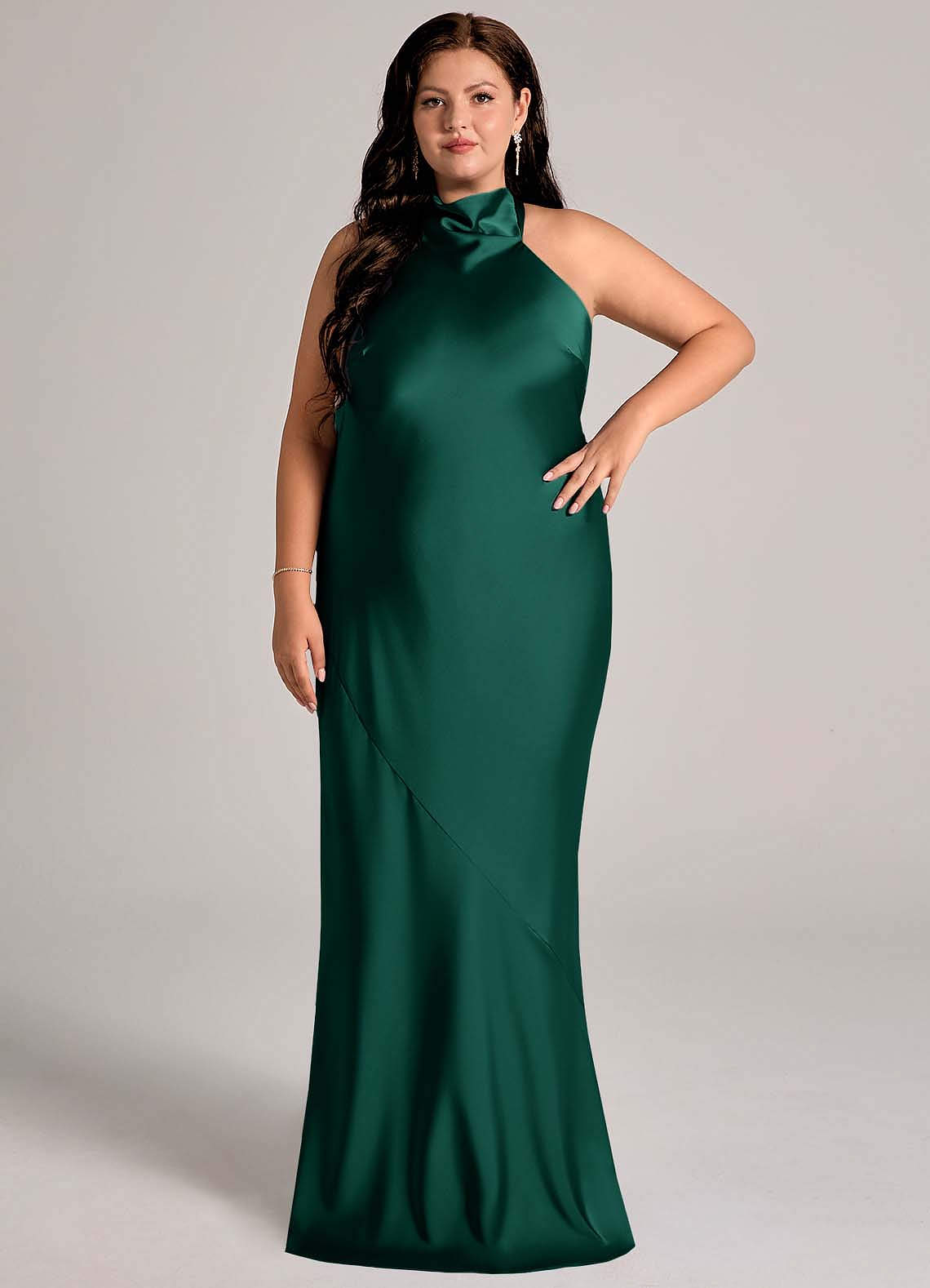 Azazie Velli Bridesmaid Dresses Emerald Mermaid High Neck Stretch Satin Dress image1