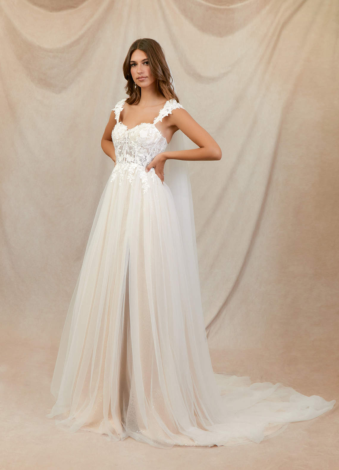 Azazie Katia Abiti da Sposa Abito A-Line in Tulle Pizzo Bianco Diamante Champagne image2