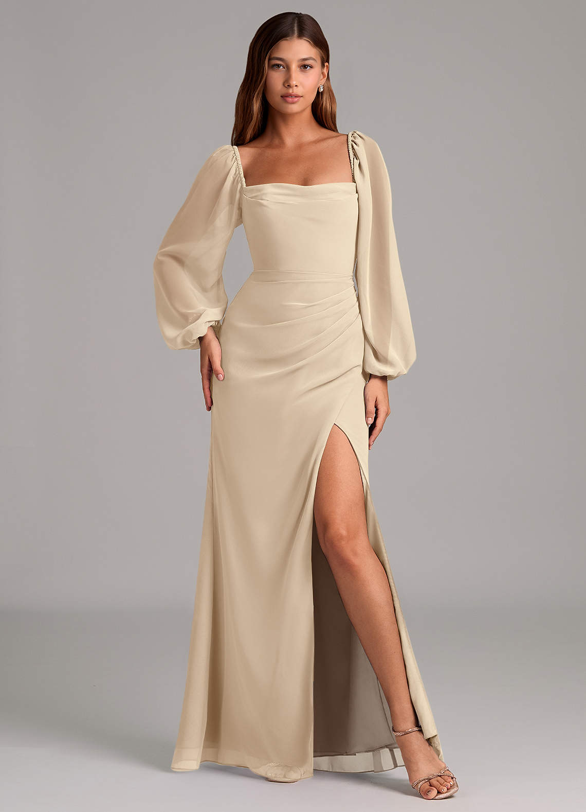 long sleeve champagne bridesmaid dresses Champagne beige silk dress with belt, long slit dress, bridesmaid dress, wedding guest dress, maxi dress, evening dress, formal dress