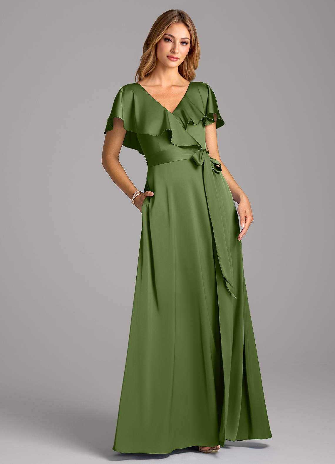 Azazie Lainey Bridesmaid Dresses Juniper A-Line with Pockets Stretch Satin Dress image1
