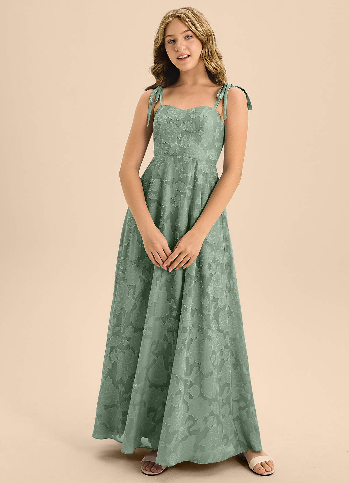 Azazie Rosey Junior Jurk van Bloemen Burn-out met A-Lijn Sweetheart Halslijn Matcha image1