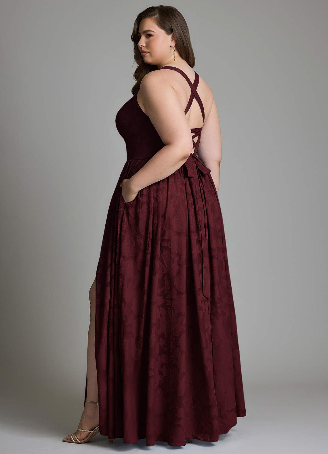 Azazie Francis Bridesmaid Dresses Cabernet A-Line Corset Floral Burnout Dress image9