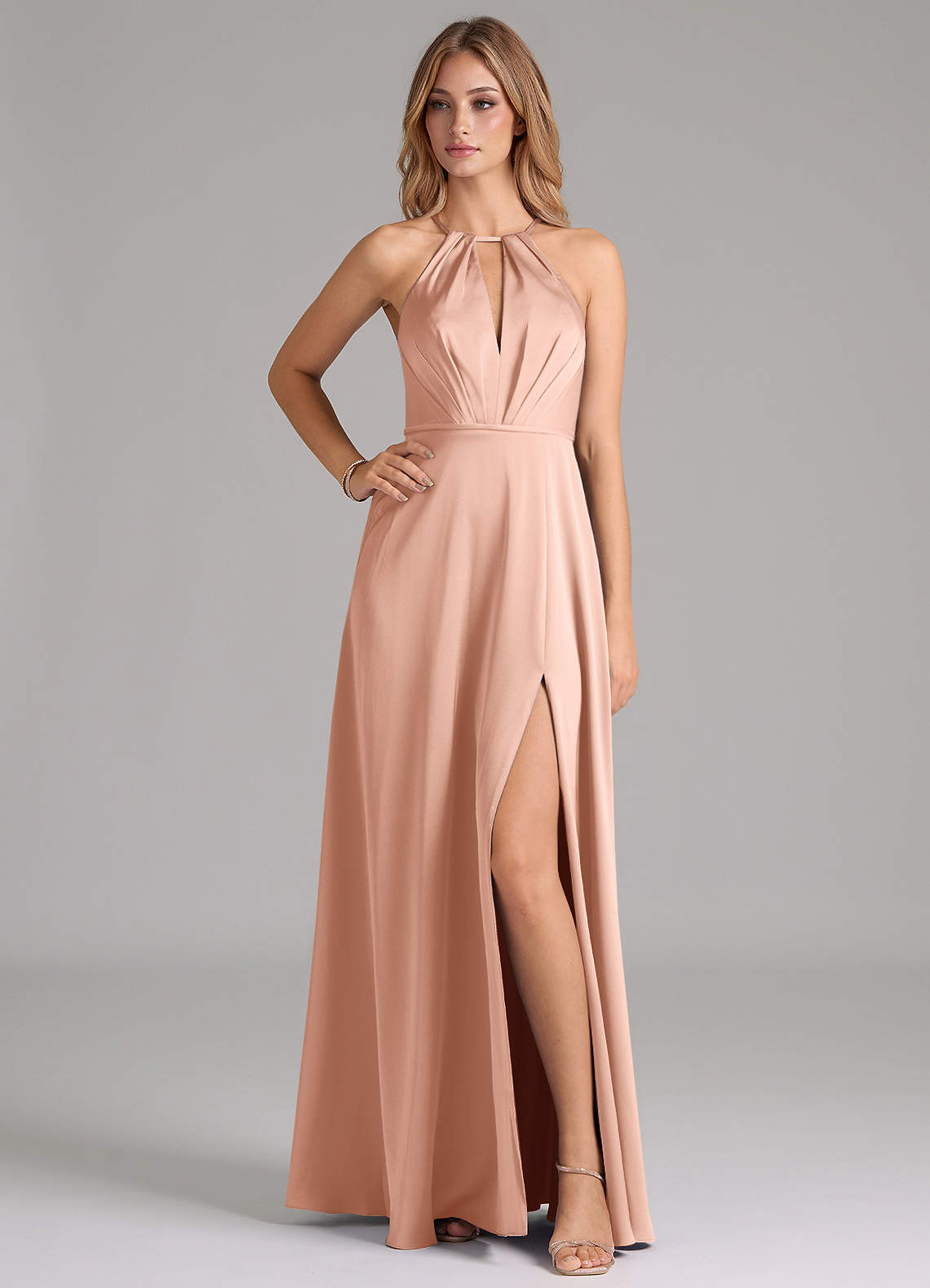Azazie Evalleen Bridesmaid Dresses Rose Gold A-Line Pleated Stretch Satin Dress image1