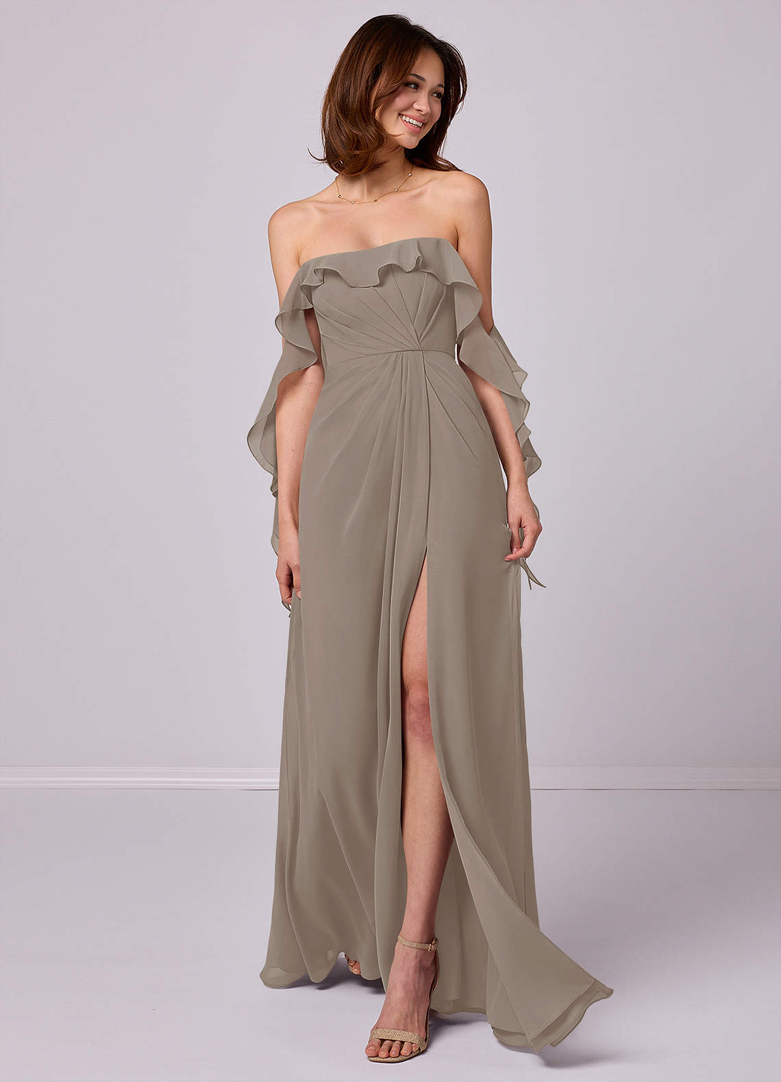 Barbie ♥ Azazie Bridesmaid Dresses Taupe A-Line Off the Shoulder Chiffon Convertible Dress image1